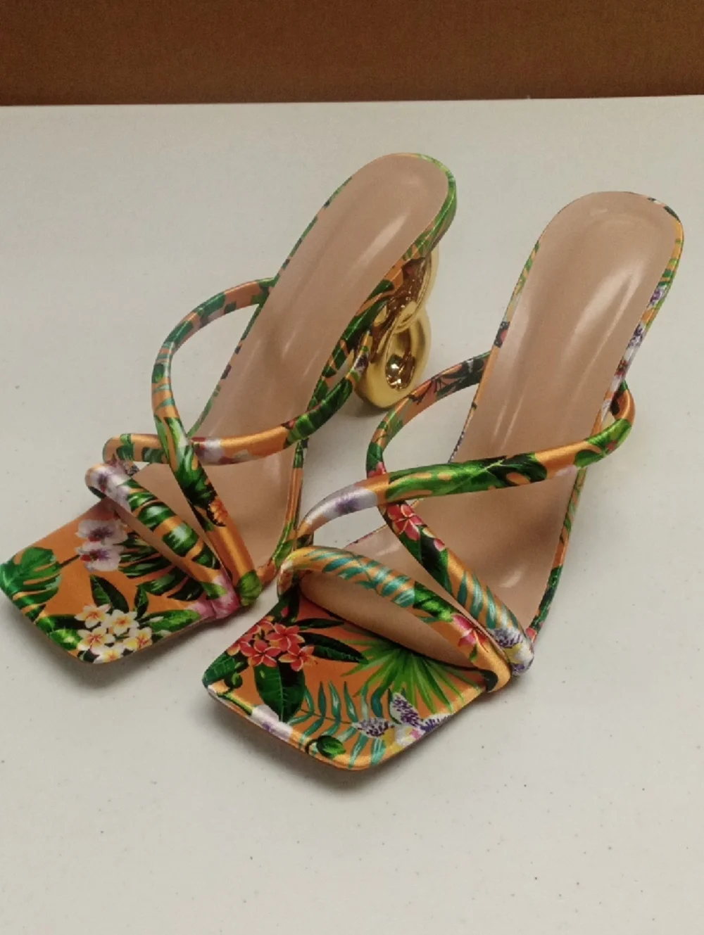 Floral Multicolor Strappy Mule with Gold Sculpted Heel